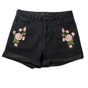 GUESS Jean Shorts Size 32 Black w/ Pink Rose Embroidered High Rise Cuffed Hem